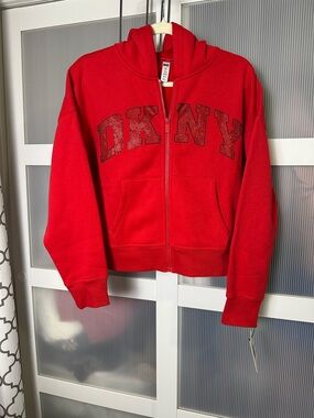 DKNY Sport Red Zip Hoodie Rhinestone Logo Women’s Size Small NWT